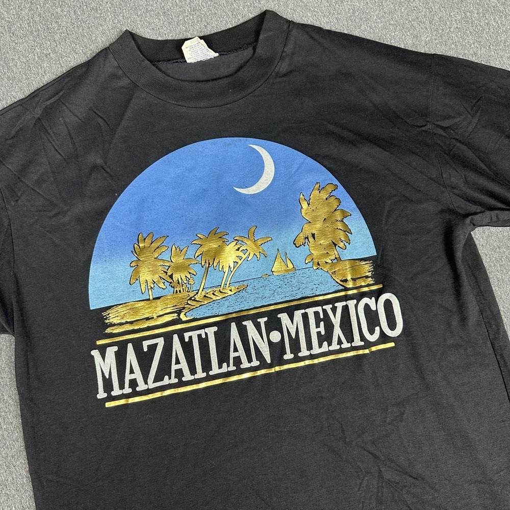 Vintage 90s Mazatlan Mexico T-Shirt Black Gold Foil Palm Trees Beach Sun Sport L